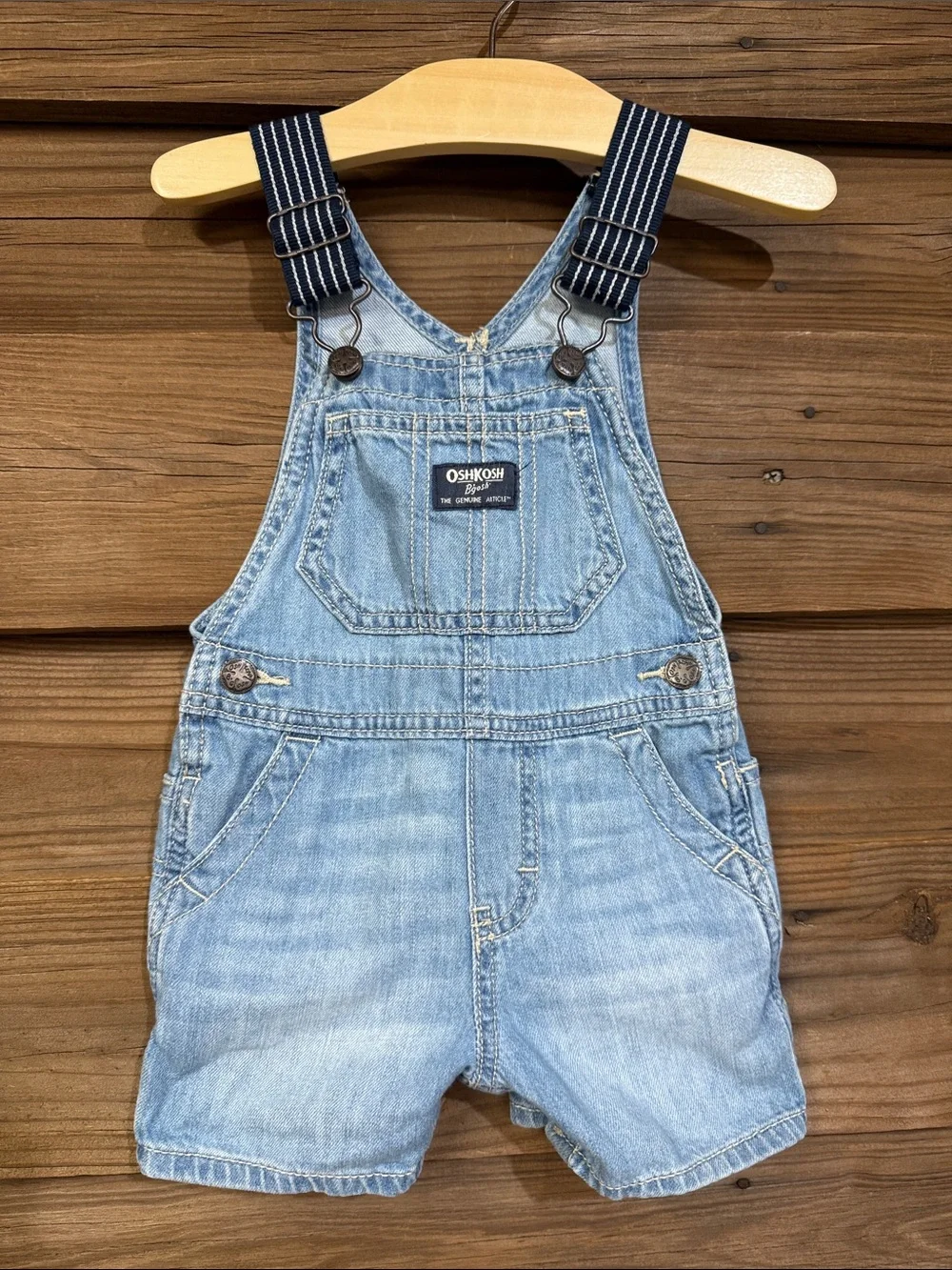 OshKosh B'gosh Denim Short Overalls with Navy Striped Straps